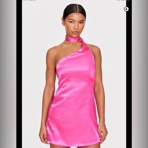 Hot pink scarf detail satin shift dress
